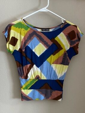 Retro Wet Seal Blue, Brown, Yellow & Green Geometric Cap Sleeve Top Size Small